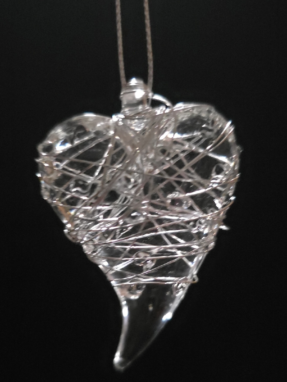 Clear Glass Heart Pendant Ornament Wrapped in Silver Wire